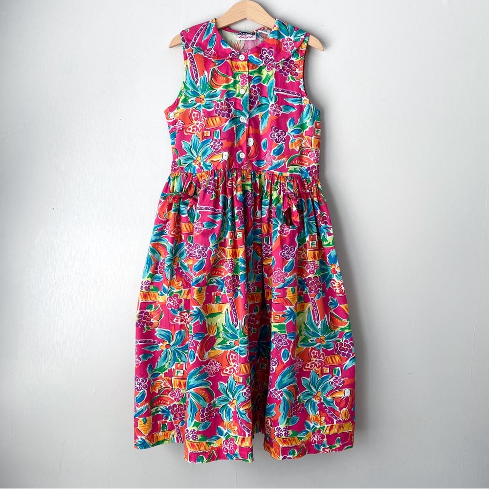 Vintage Y2K Hawaiian Tropical Print Sleeveless Peter Pan Collar Cotton Dress